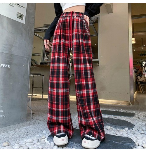 P4923 Vintage plaid drawstring high-waisted straight leg slacks P4923 Vintage plaid drawstring high-waisted straight leg slacks