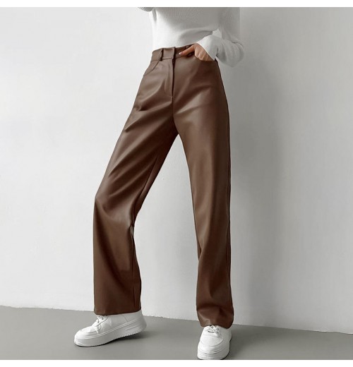 Autumn Winter New Haute Couture Women'S Pants Trousers Casual Streetwear Brown Straight Leg Leather Pants Autumn Winter New Haute Couture Women'S Pants Trousers Casual Streetwear Brown Straight Leg Leather Pants