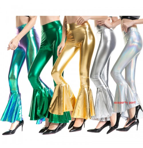 S-XXL Women Flare Shiny Trousers Laser Metallic Wetlook Ruffle Wide Leg Pants Retro 70s Disco Hippie Club Trousers Bell Bottoms S-XXL Women Flare Shiny Trousers Laser Metallic Wetlook Ruffle Wide Leg Pants Retro 70s Disco Hippie Club Trousers Bell Bottoms